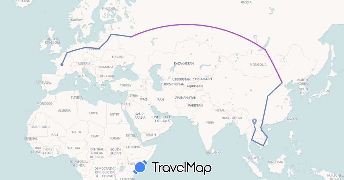 TravelMap itinerary: driving, cycling, train in Belgium, China, Germany, France, Cambodia, Laos, Lithuania, Latvia, Poland, Russia, Thailand, Vietnam (Asia, Europe)